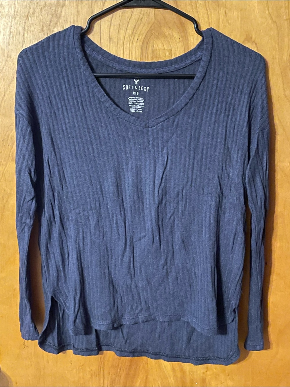 American Eagle Outfitters Navy Ribbed V-Neck Long Sleeve Top